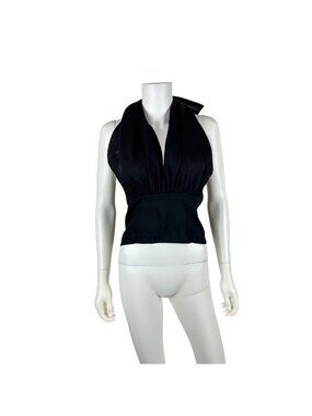 Lady K Loves Black Halter Top Womens Large Sleeveless Self Tie Pleated Pin Up Re